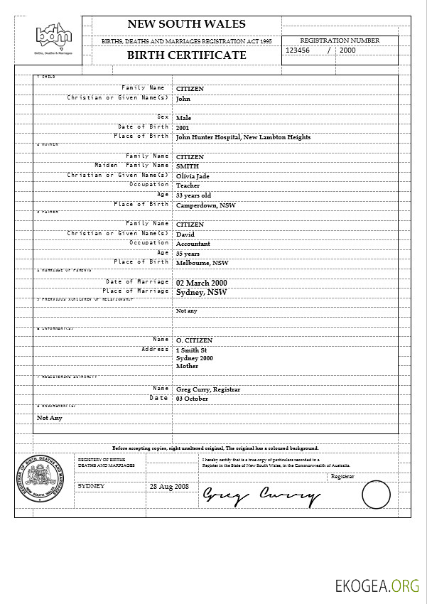 Modèle d'acte de naissance Australie Nouvelle Galles du Sud au format Word, version 2
